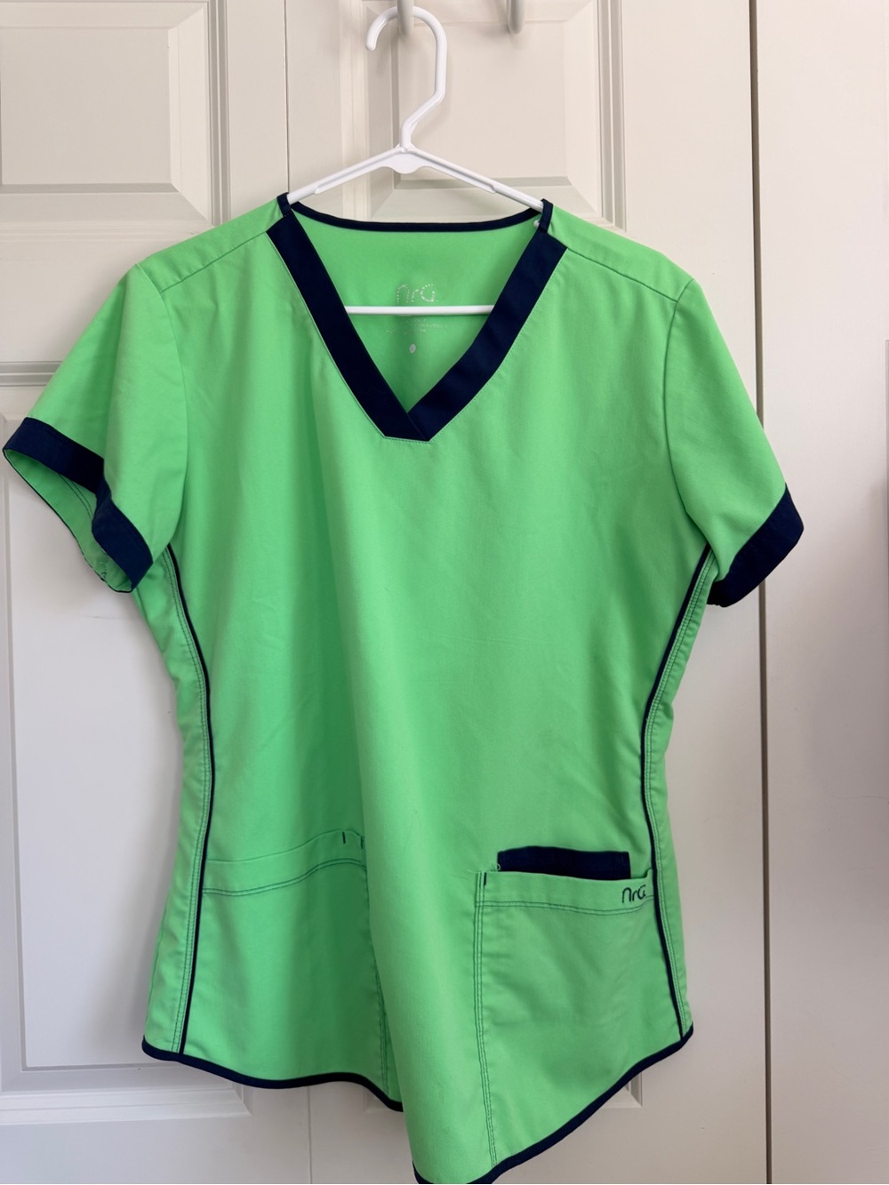 Women’s V-Neck Scrub Top in Lime Green with Navy Trim